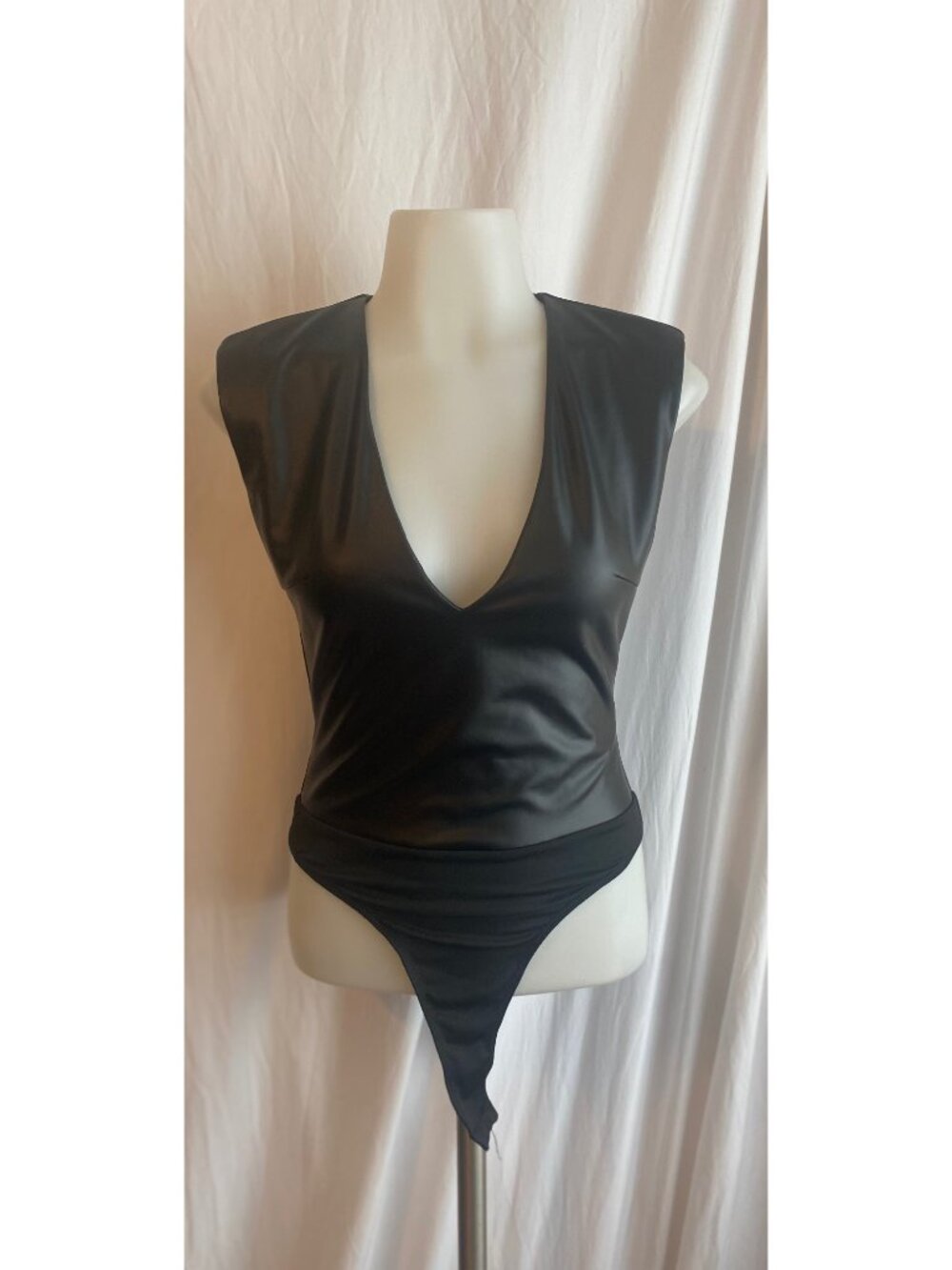 AKIRA Black Faux Leather Plunging V-Neck Bodysuit Size S Y2K Edgy